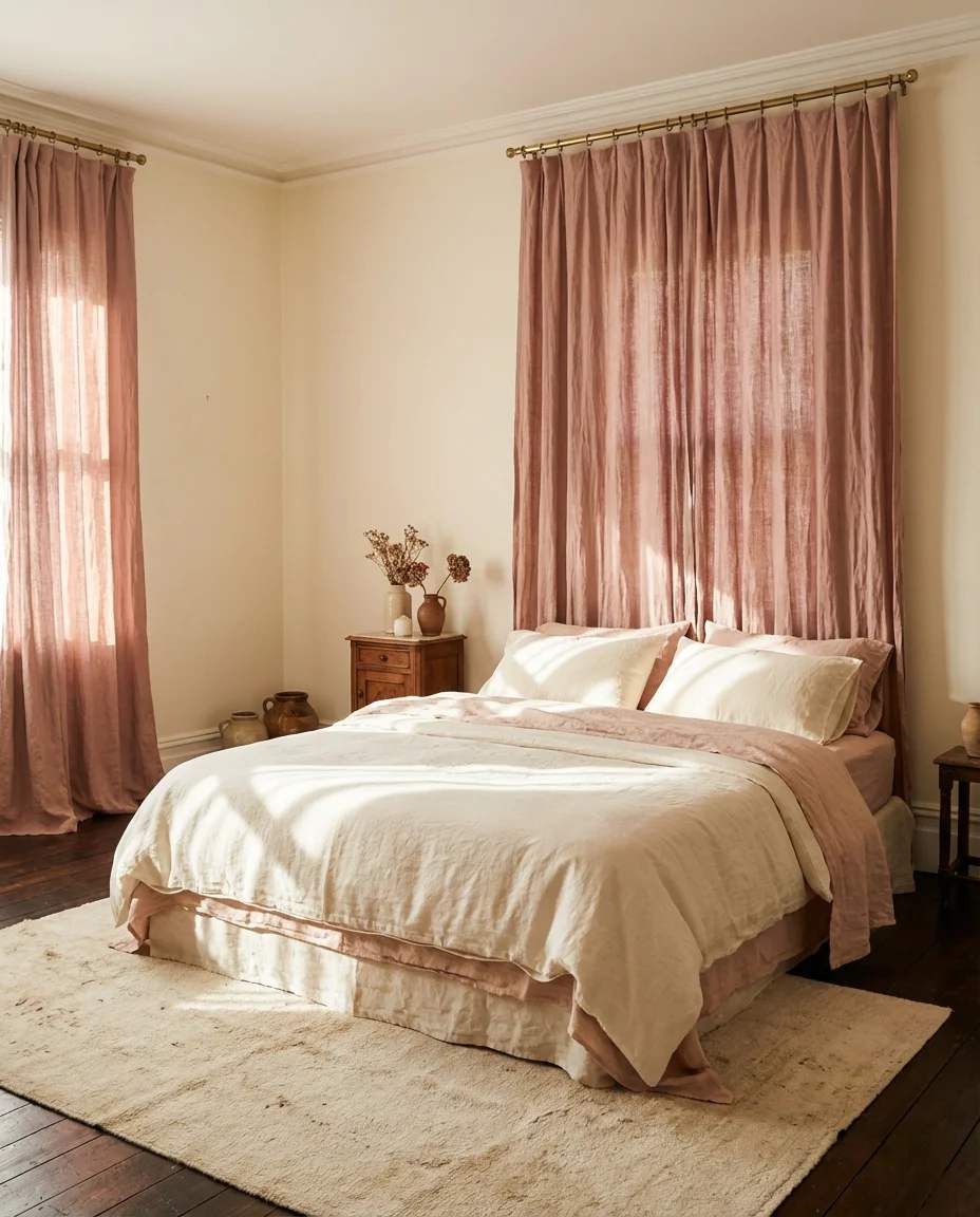 Bohemian bedroom curtain ideas with intricate block-print patterns in a vibrant master suite.