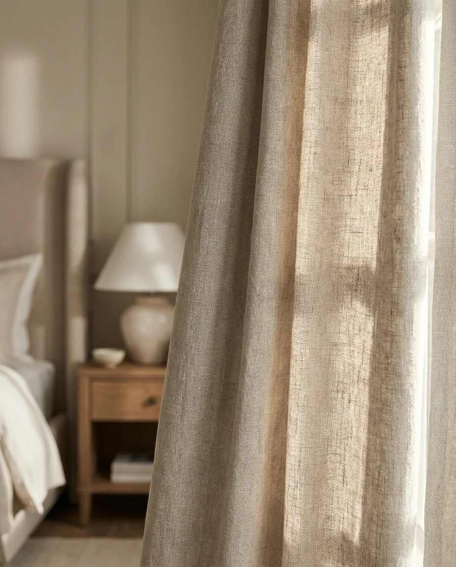 Chic bedroom curtain ideas with modern metallic grommets and deep navy fabric.