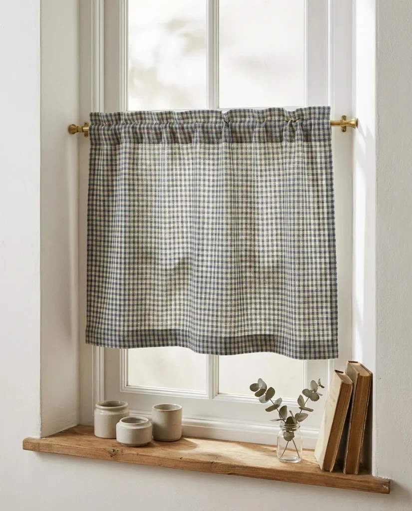 Rustic bedroom curtain ideas featuring light burlap panels in a farmhouse style bedroom.