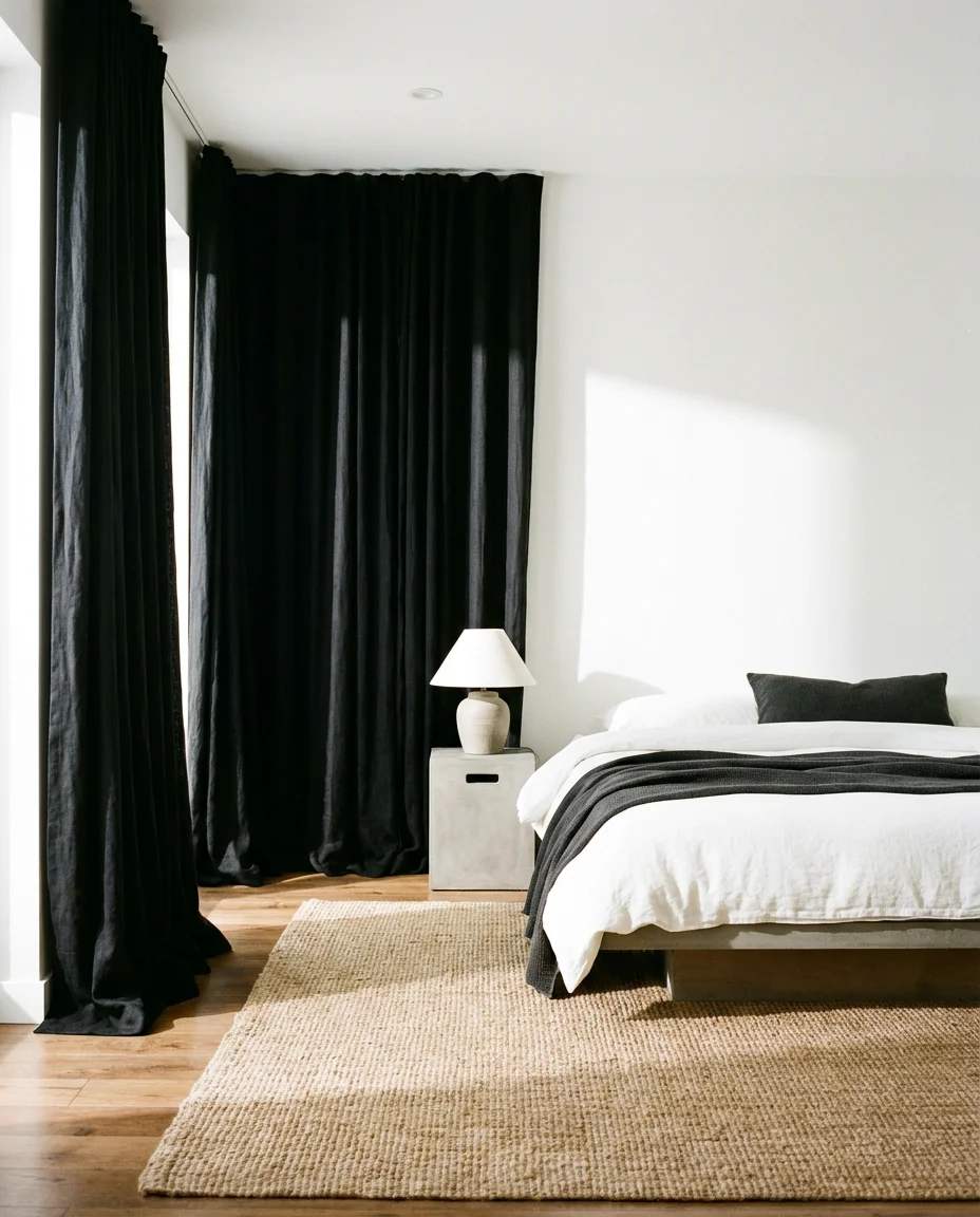 Luxurious bedroom curtain ideas with floor-pooling silk drapes in a romantic master suite.