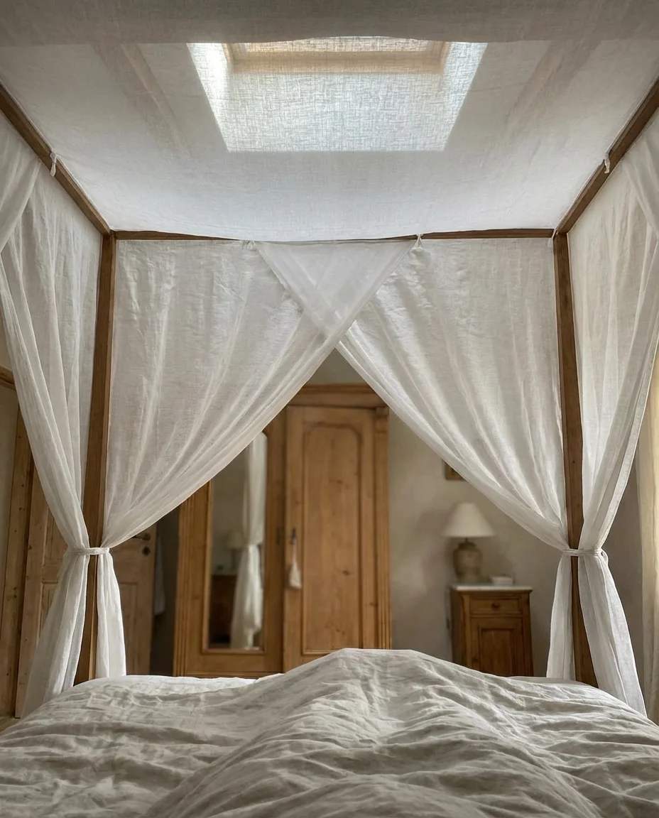 Traditional bedroom curtain ideas with pinch-pleated drapes in a neutral gray color.