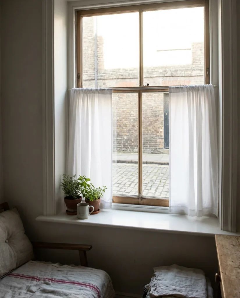 Soft blush pink bedroom curtain ideas in a feminine and airy master bedroom.