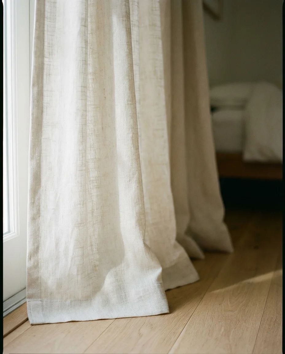 Botanical print bedroom curtain ideas in a sunny bedroom filled with indoor plants.