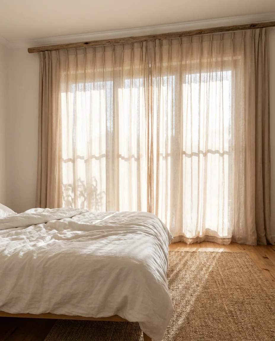 Bedroom curtain ideas using double curtain rods for sheer and blackout panel layering.