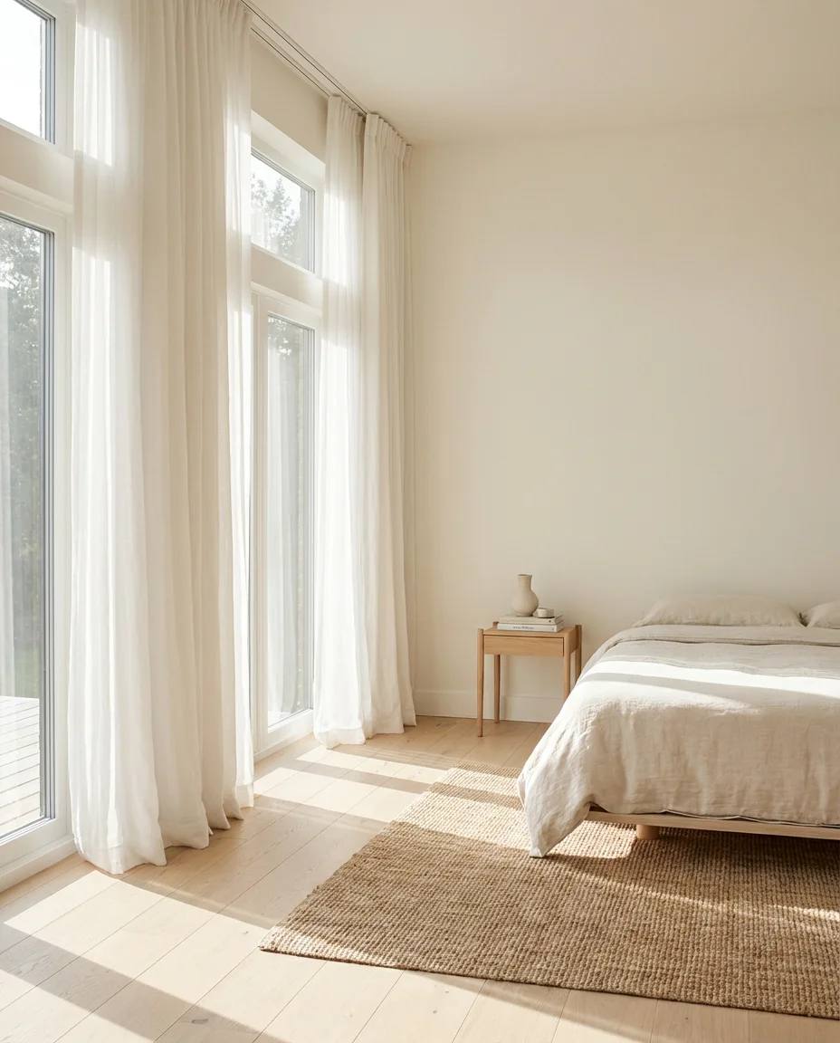 Ceiling-mounted bedroom curtain ideas with full-height panels in a modern condo.