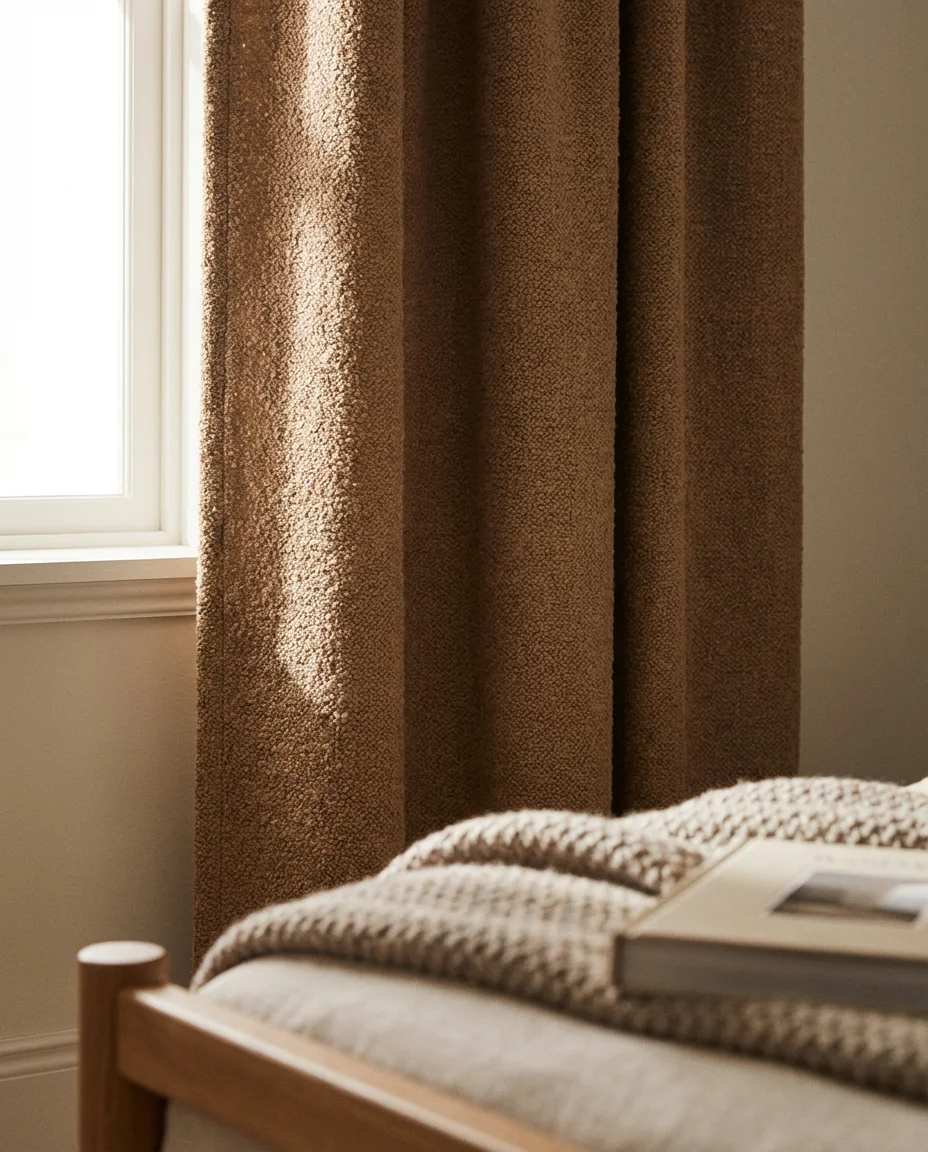 Bedroom curtain ideas using varying shades of gray and blue for a monochromatic look.