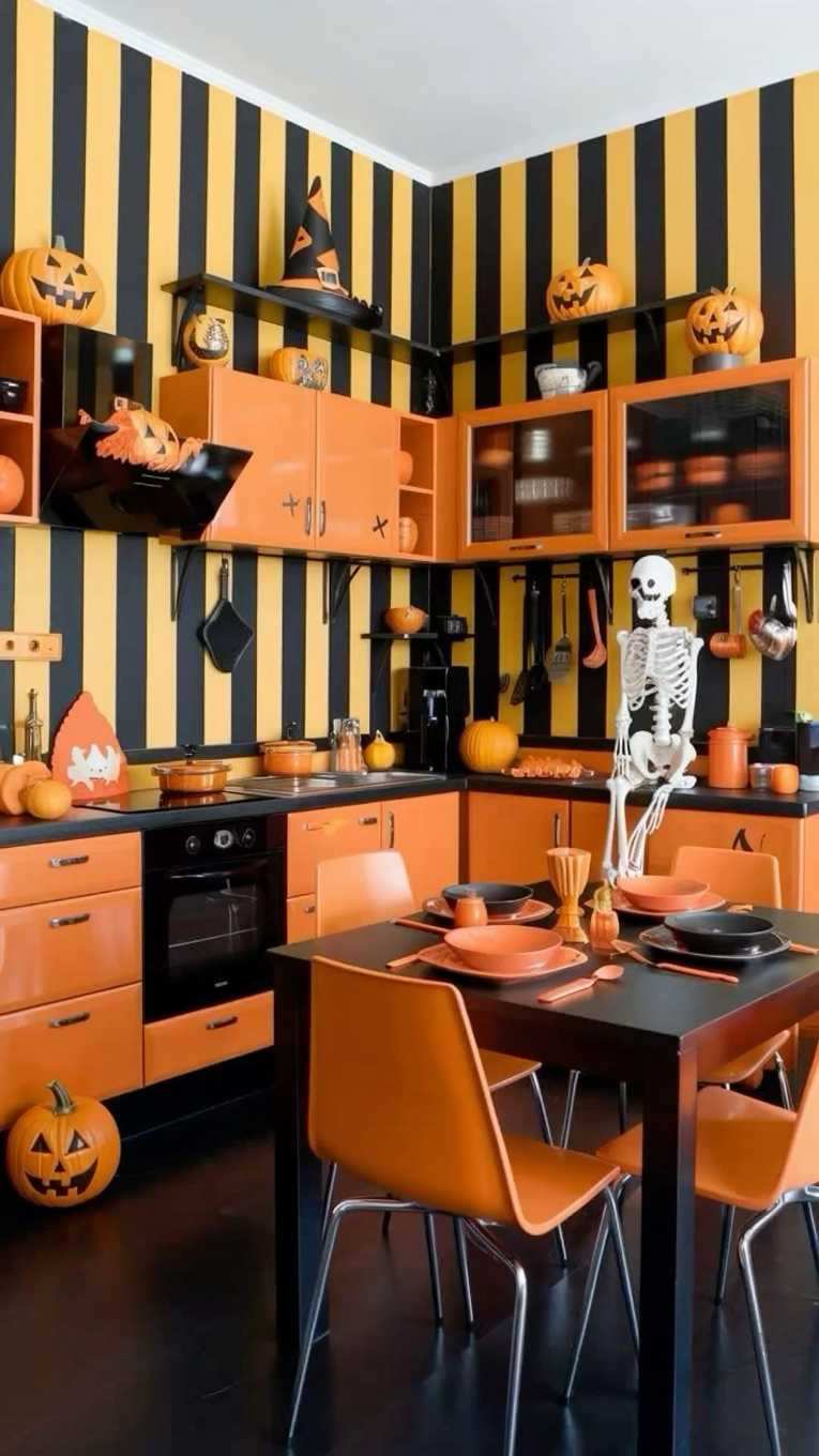 Orange striped cabinet with a skeleton figure in a playful kitchen