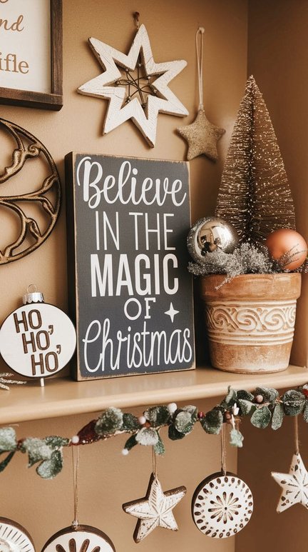 Wooden shelf with a 'Believe in Magic' sign, fairy lights, and small white ornaments.