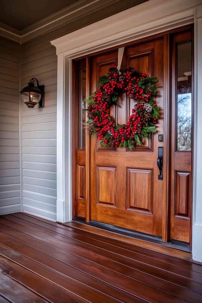 Front porch door wreath with berries, pinecones, natural twine, soft lighting