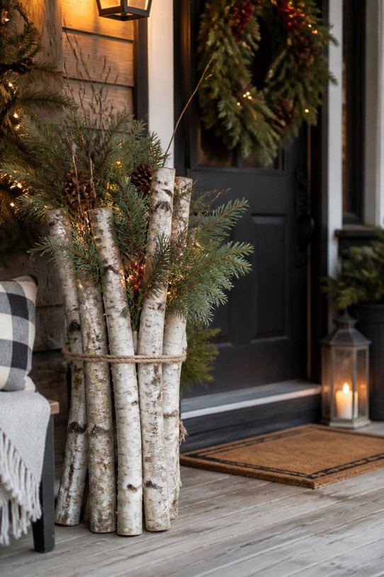 Front porch with bundled birch logs, natural rope, pine cones, soft ambient lighting