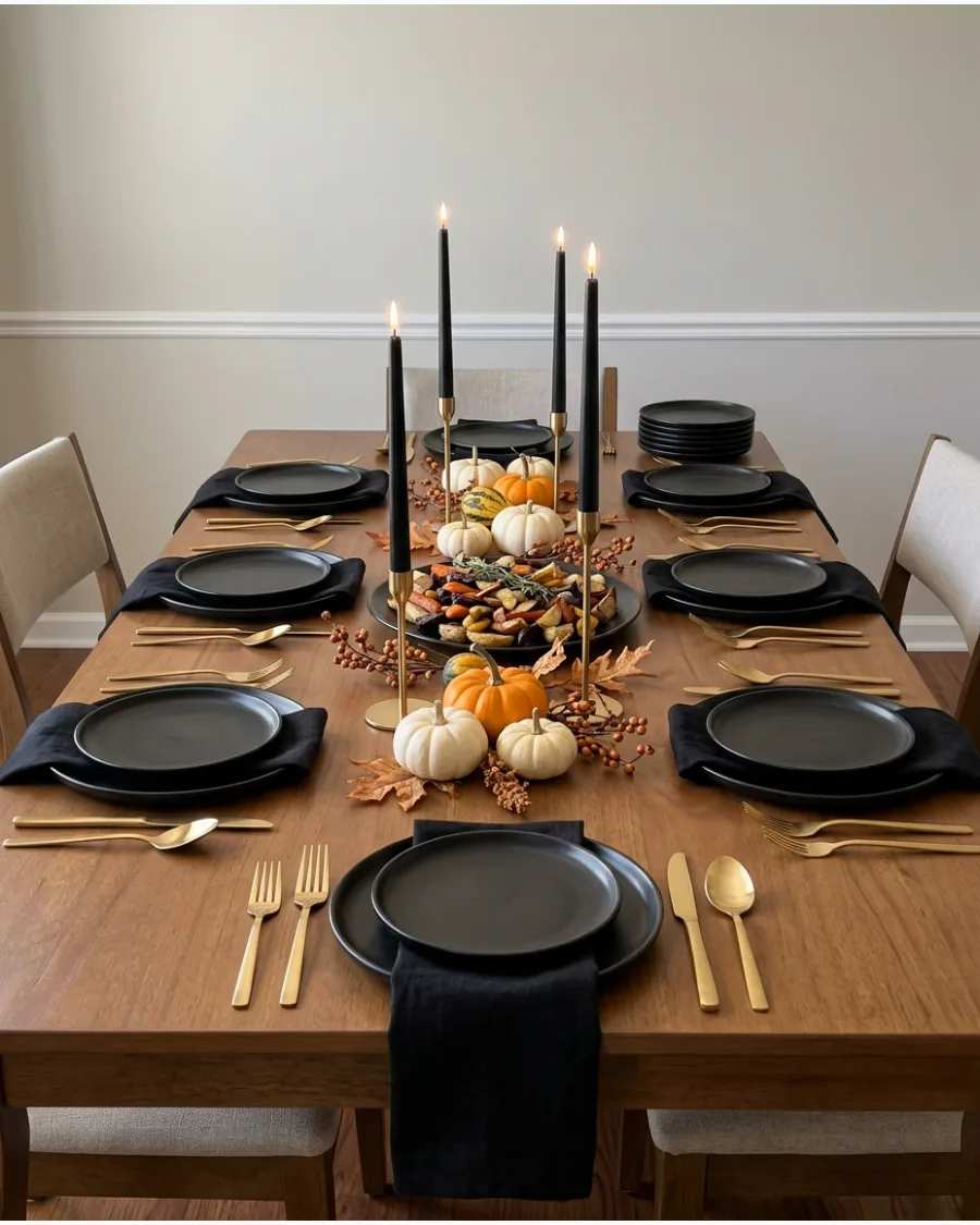 Black and gold modern table setting with geometric accents and sleek lines