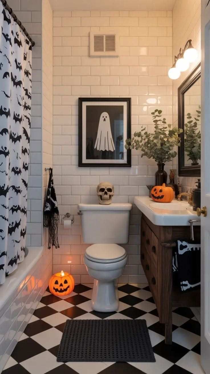 Black‑and‑white tiled bathroom, bat‑print shower curtain, ghost wall art, cool white LED lighting, chrome fixtures.