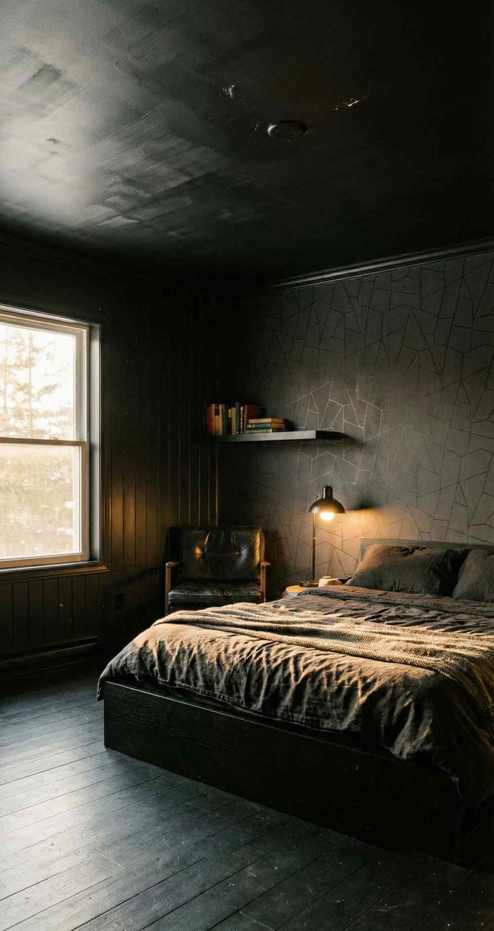 Black bedroom with geometric wall-mounted light fixture, large window, sheer curtains, and dark wood floor.