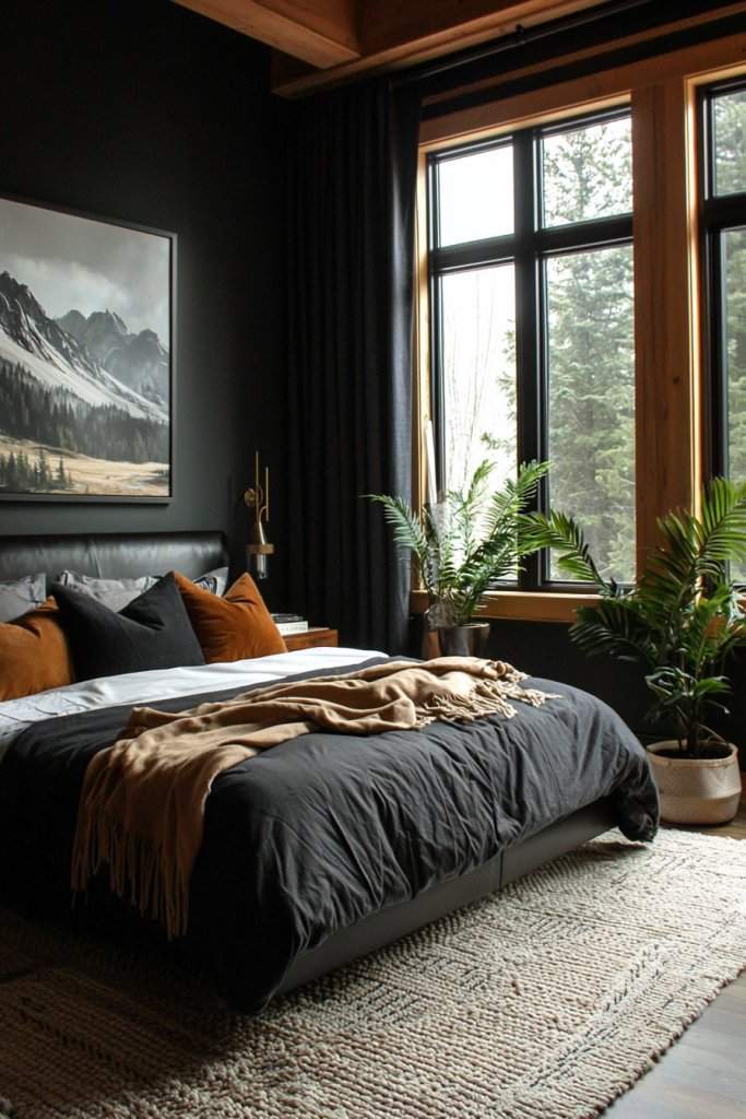 Black bedroom featuring rust-colored pillows, a wooden headboard, large forest‑green plants, and natural light from a window.