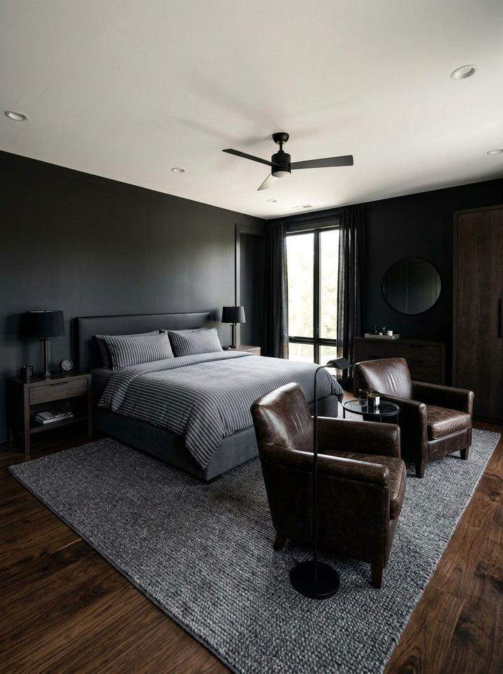 Black bedroom showcasing striped dark bedding, leather armchairs, and a soft grey area rug on polished concrete.