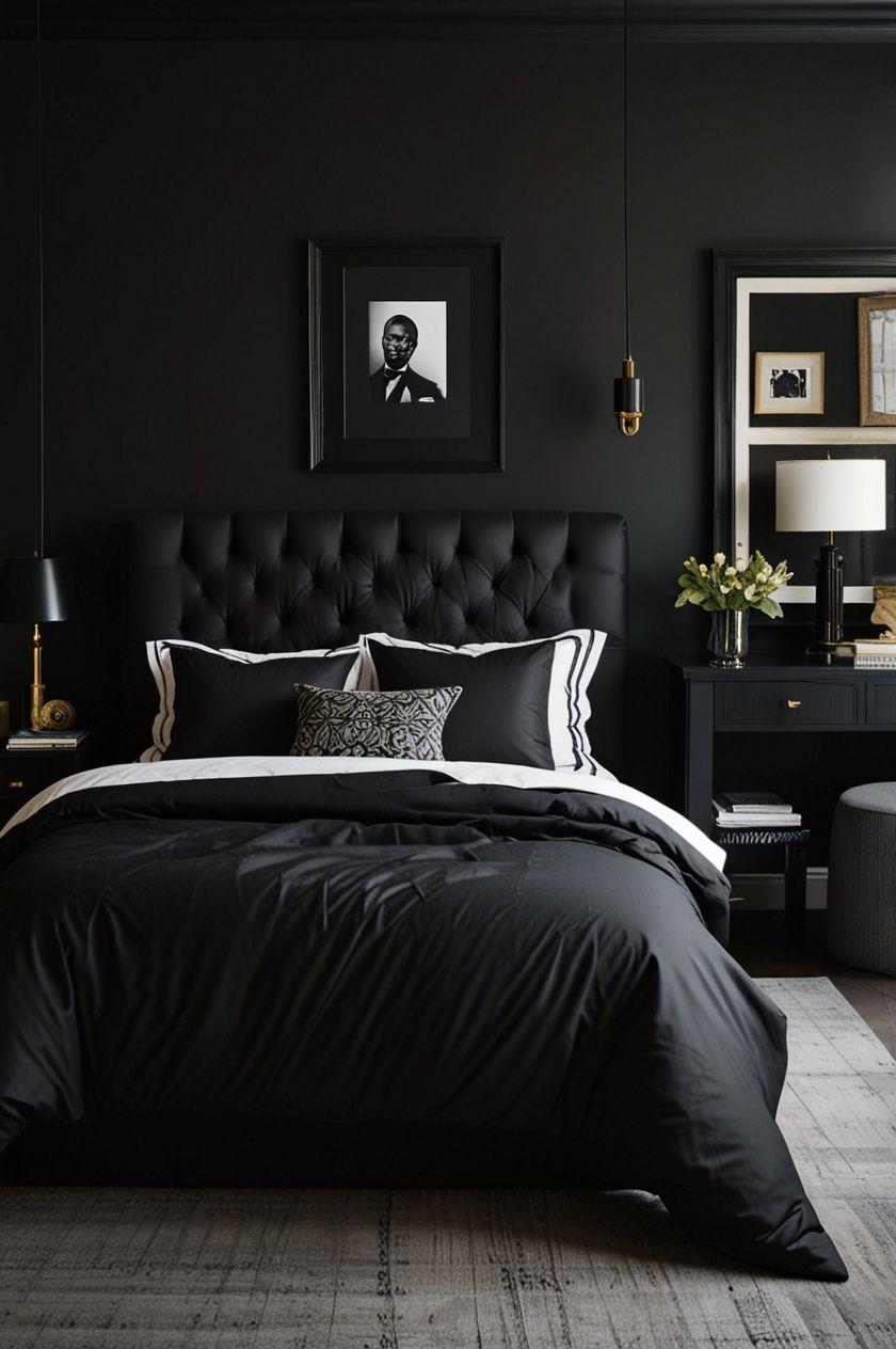 Black bedroom featuring a tufted leather headboard, large abstract portrait, brushed brass side tables, and dimmable wall lighting.