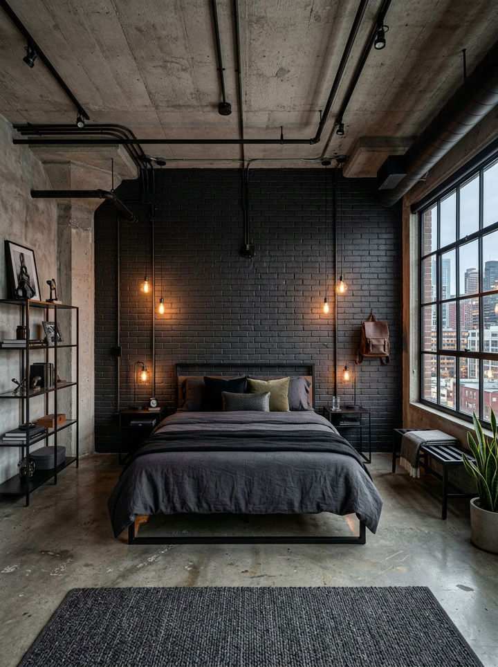 Black brick bedroom featuring dark bedding, concrete ceiling, and exposed piping.