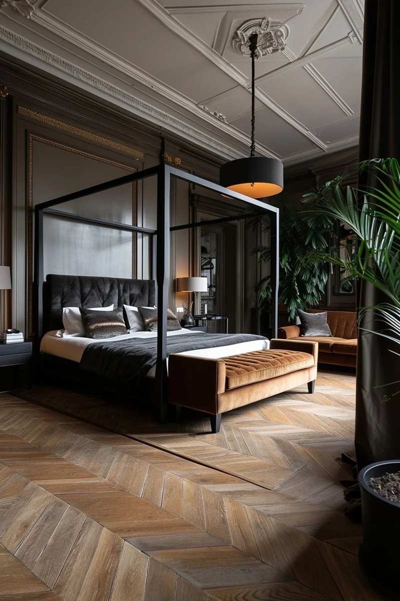 Black bedroom showcasing a canopy bed, herringbone parquet flooring, and a plush velvet bench at the foot.