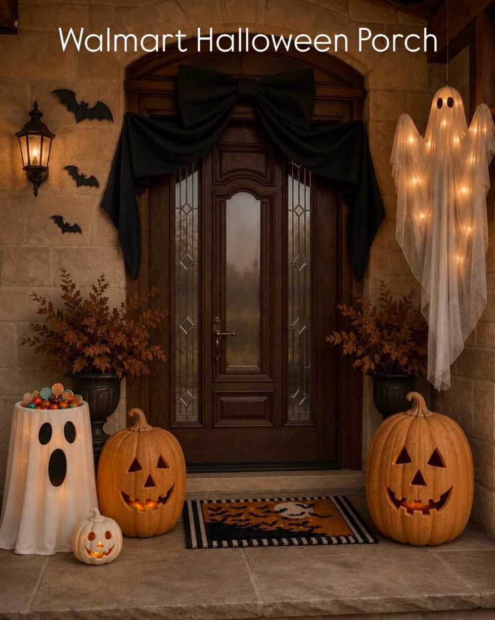 Black door with a large bow, floating ghost, and jack o lanterns on the porch.