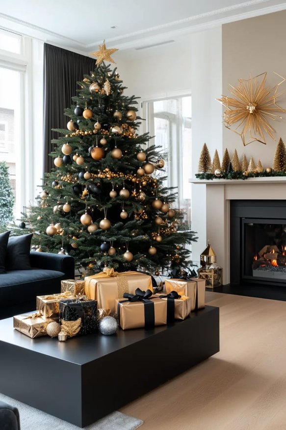 Blackened metal fireplace accented with gold ribbon garland, metallic bells, and dark wood accents.