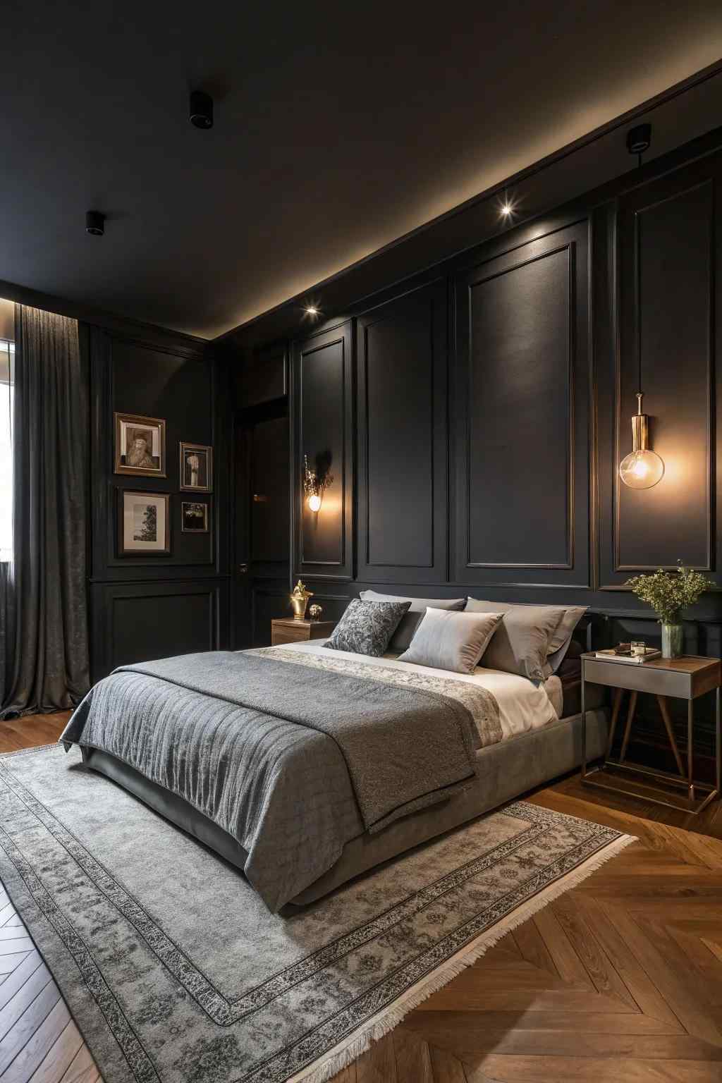 Black paneled bedroom featuring a grey upholstered bed, herringbone dark wood floor, and minimalist nightstands.