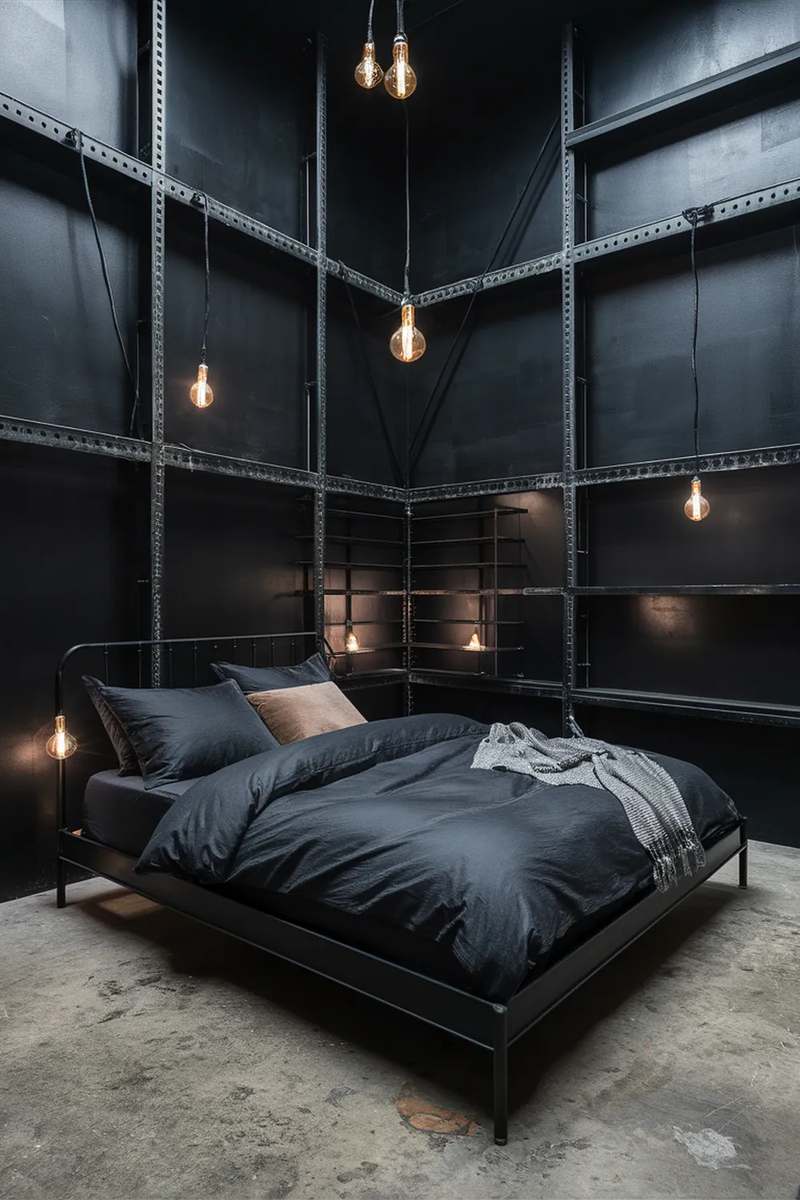 Black steel bedroom with dark bedding, hanging Edison bulbs, and industrial décor.