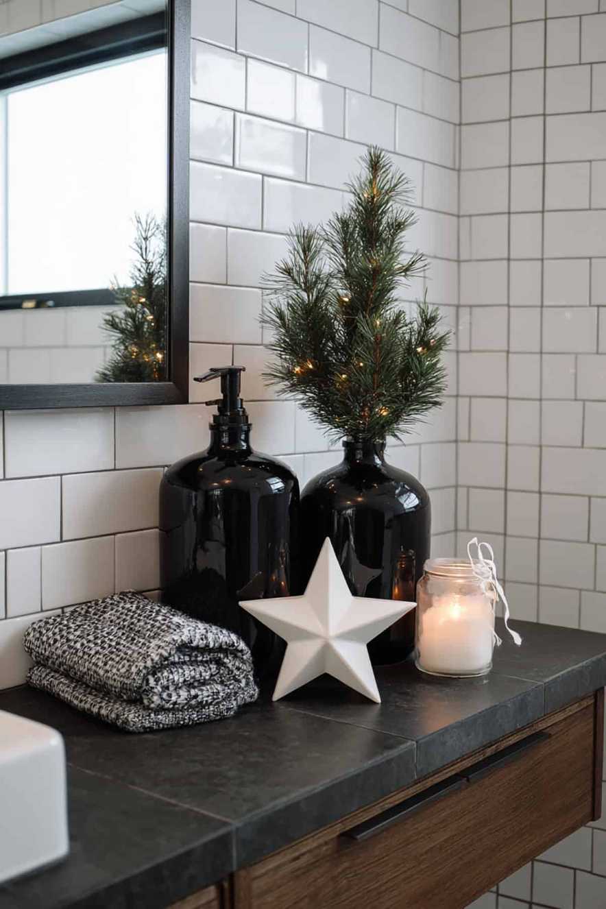 Black and white bathroom, red accents, modern holiday style, high contrast