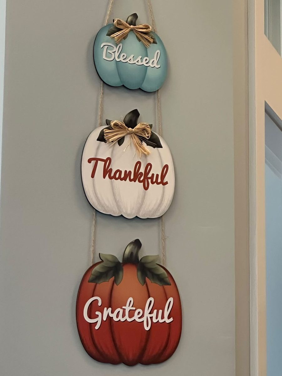 Entryway wall, three wooden pumpkin plaques, distressed pine frame, soft white lighting, woven rug.