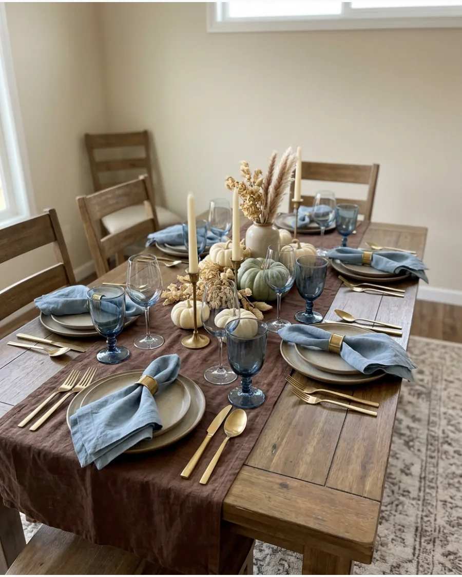 Blue and brown table setting with woven placemats and ceramic bowls