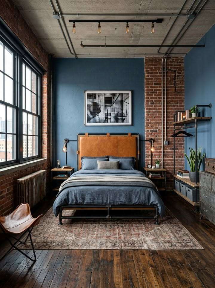 Blue brick bedroom with tan leather headboard, dark wood flooring, and muted décor.