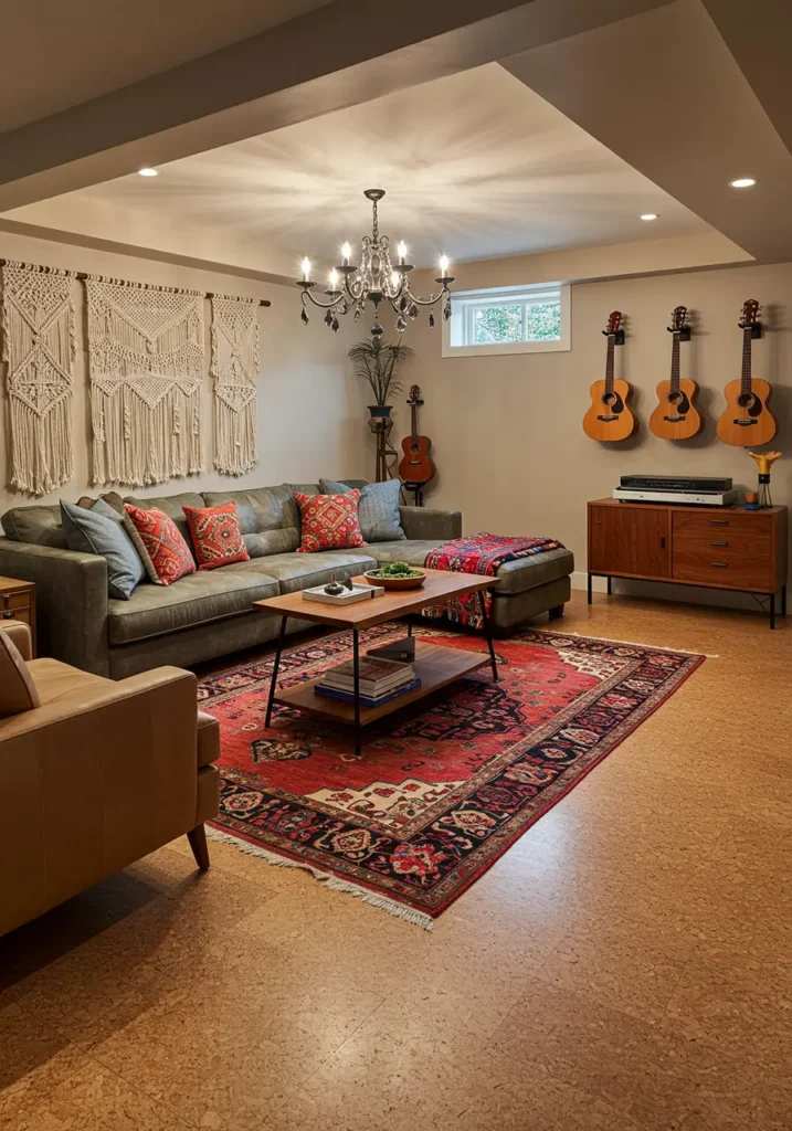 Boho basement lounge with acoustic guitars and eclectic textile layers