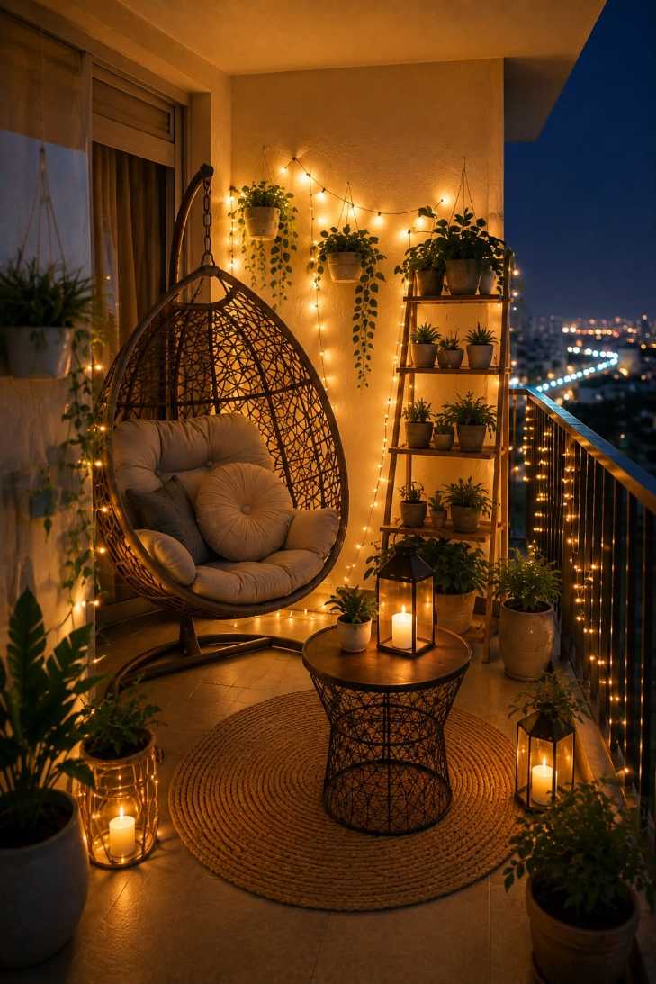 Bohemian balcony at night featuring an egg‑shaped hanging chair, plant ladder, and string lights.