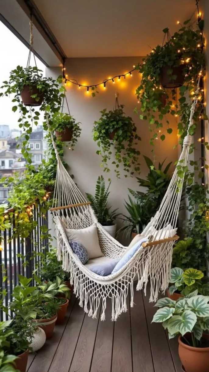 Boho balcony jungle with hanging fringe hammock, woven poufs, and soft amber lighting.
