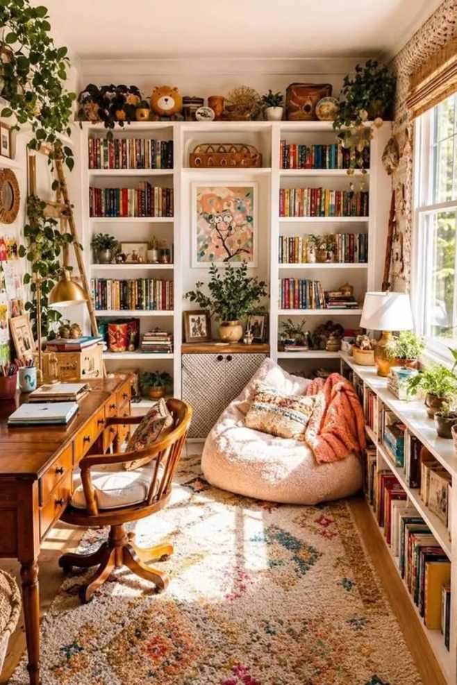Bohemian bean bag, macramé wall hanging, assorted indoor plants, rattan floor rug, soft ambient lighting.