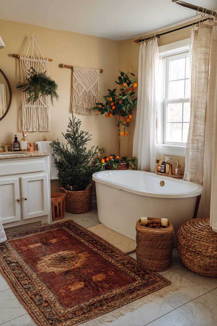 Boho bathroom, natural textures, dried flowers, warm light, eclectic holiday style