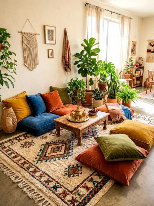 Floor cushions in varied textures, large fiddle leaf fig, woven wall tapestry, natural wood side table.