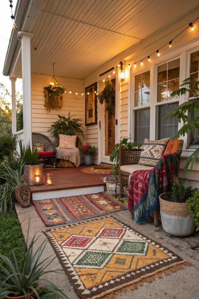 Bohemian front porch with rattan swing, macramé wall hanging, and colorful patterned pillows