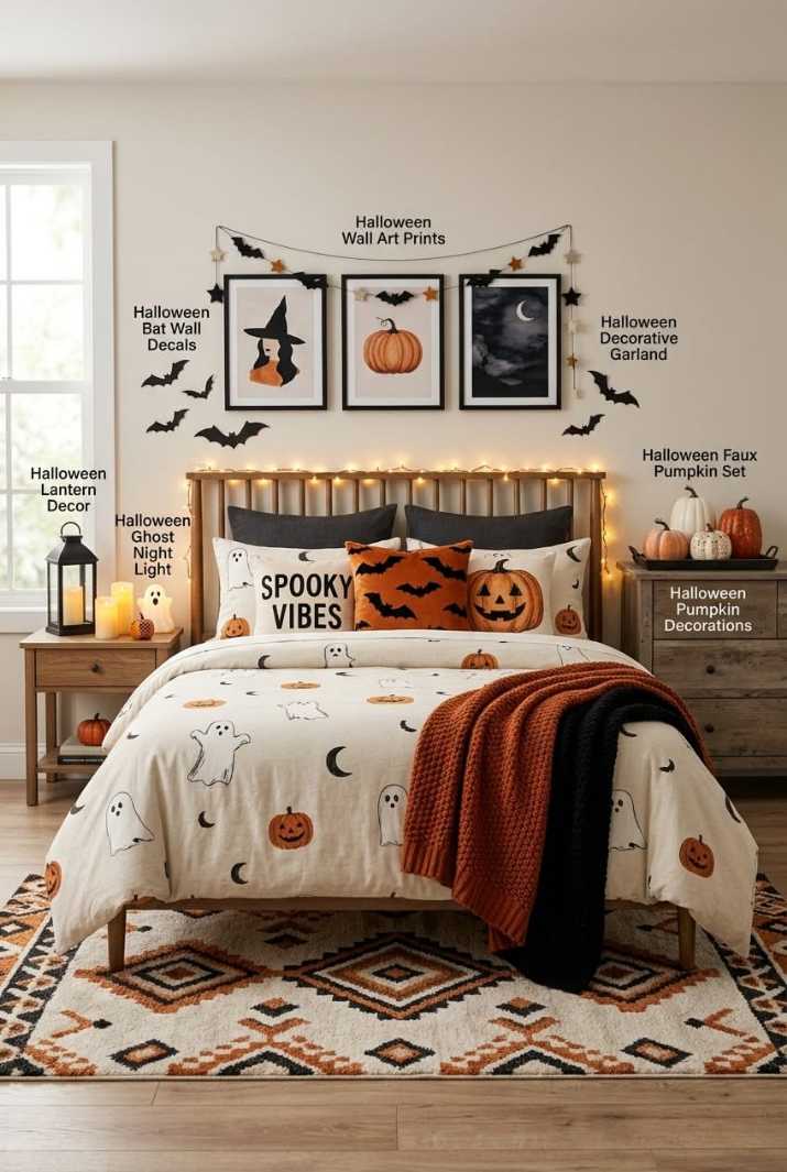 Boho bedroom with halloween decor guide labels, rattan furniture, and neutral textiles.