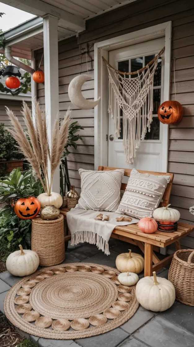 Boho style porch with macrame wall art, pampas grass, and subtle Halloween accents.