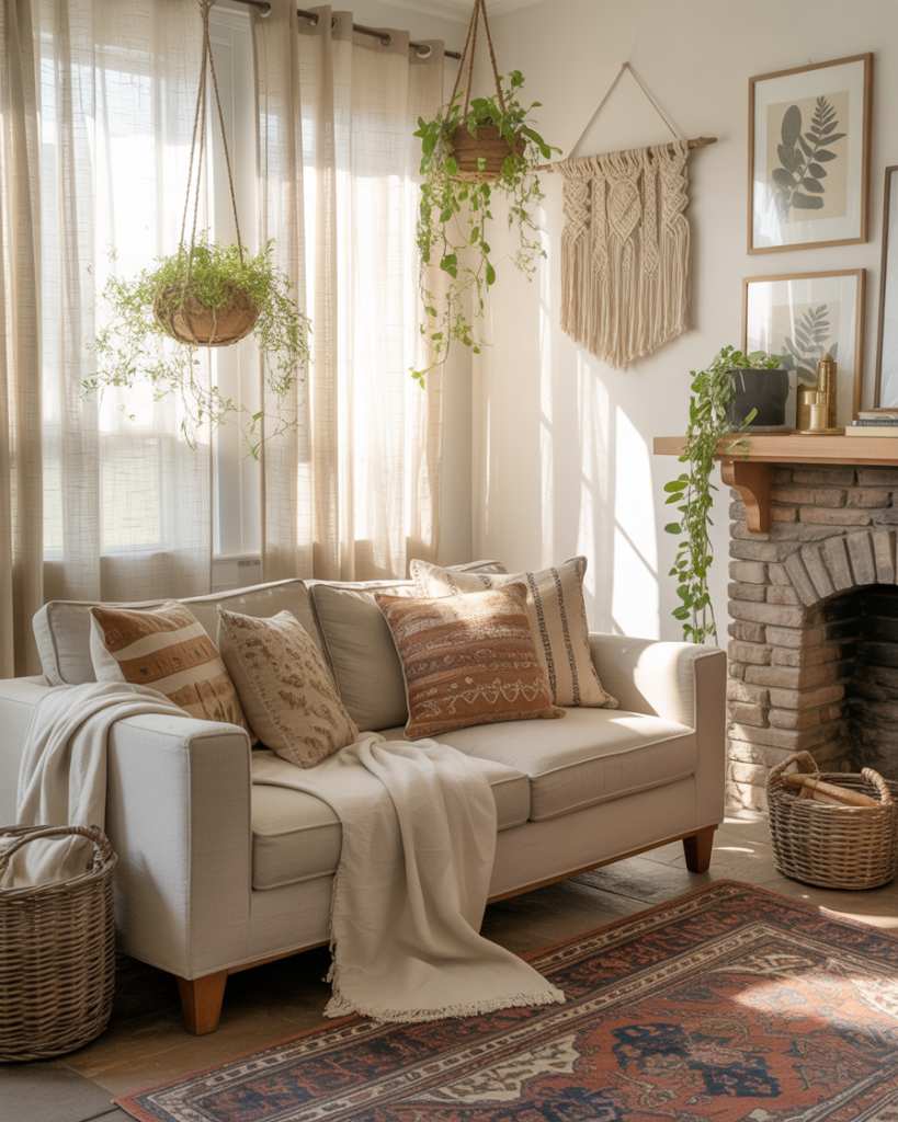 Living room sofa, macramé wall hanging, hanging potted plants, neutral linen cushions.