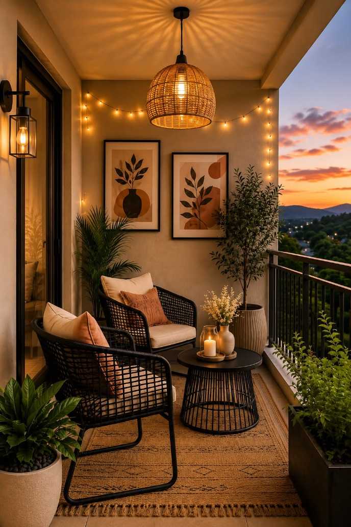 Modern boho balcony with wicker pendant light, sleek metal chairs, and a panoramic sunset view.