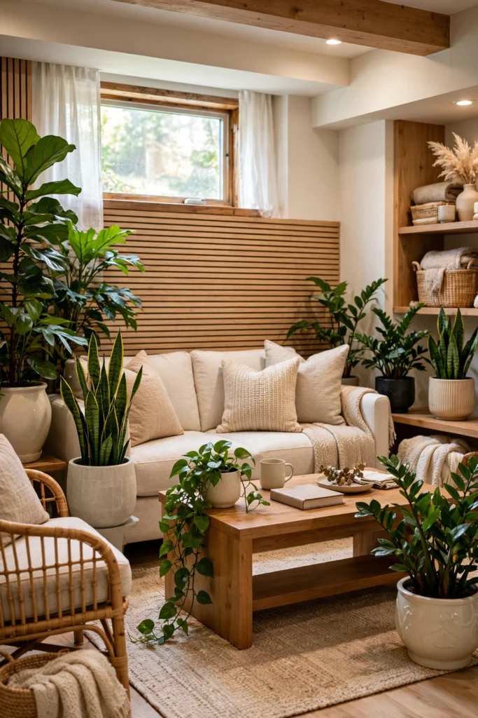 Bohemian basement room with vertical wood slats and abundant greenery