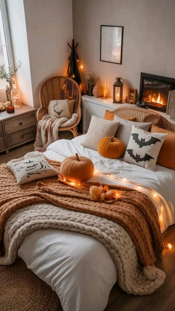 Boho rattan bedroom with chunky knit throws and a single black bat pillow.