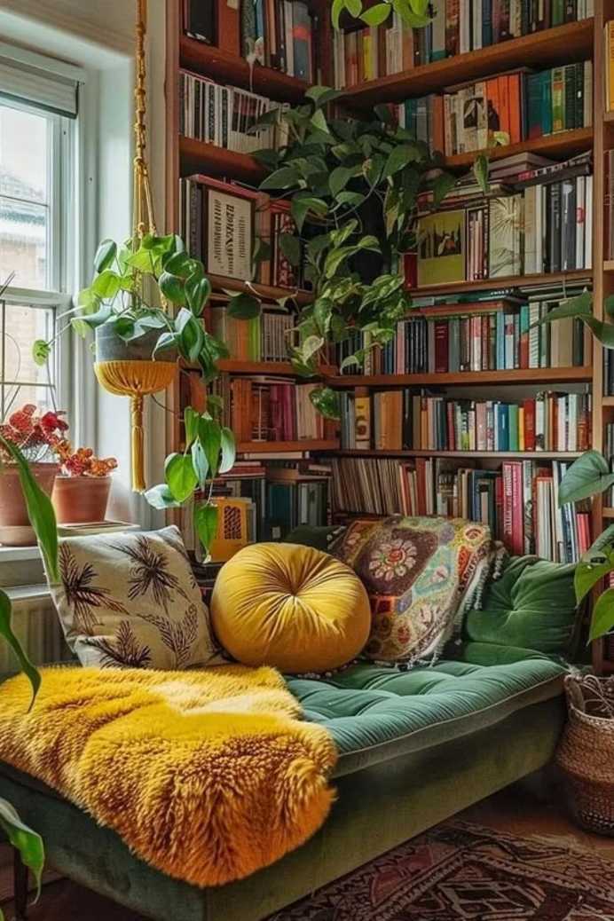 Velvet daybed, botanical print pillows, reclaimed wood headboard, leafy wall art, soft pendant lighting.