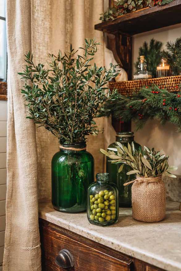 Green plants, white bathroom, natural light, botanical holiday decor