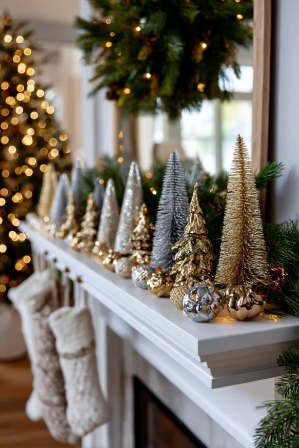 Modern mantel with silver and gold bottle brush trees and metallic ornaments.