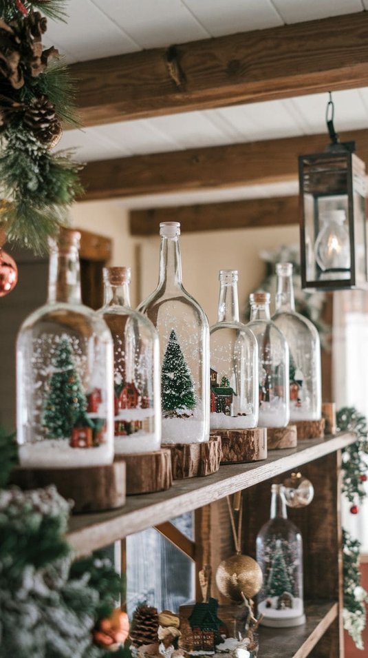 Wooden shelf with snow globes made from repurposed glass bottles.