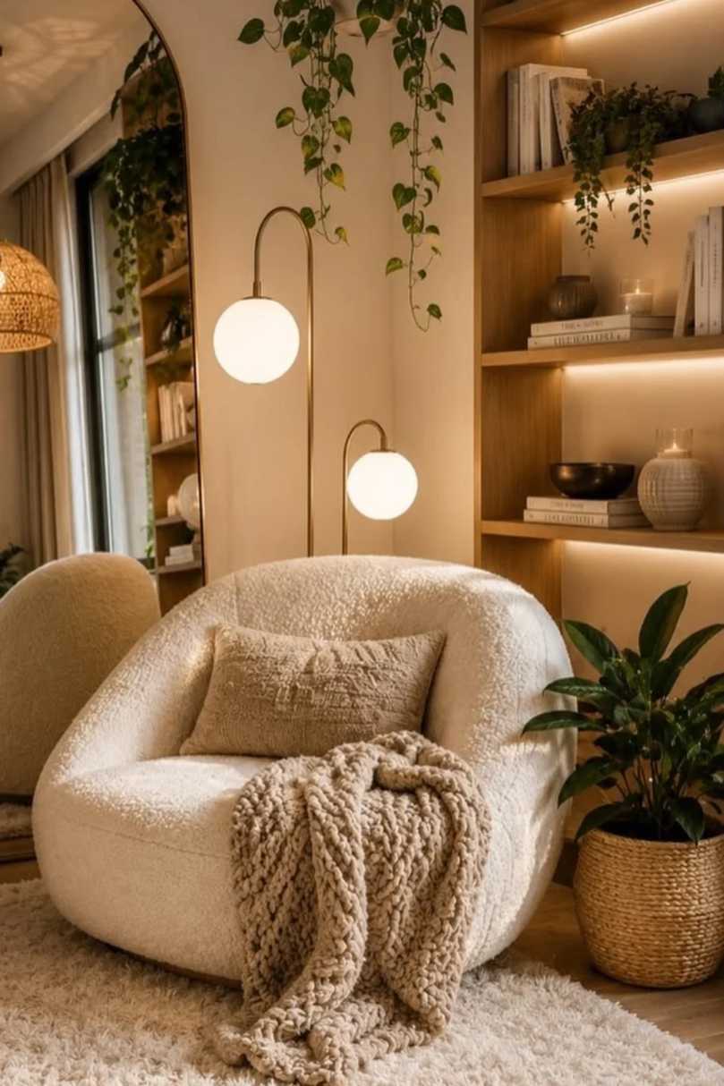 Swivel armchair in bouclé, backlit floating shelves, brushed‑nickel floor lamp, charcoal accents.