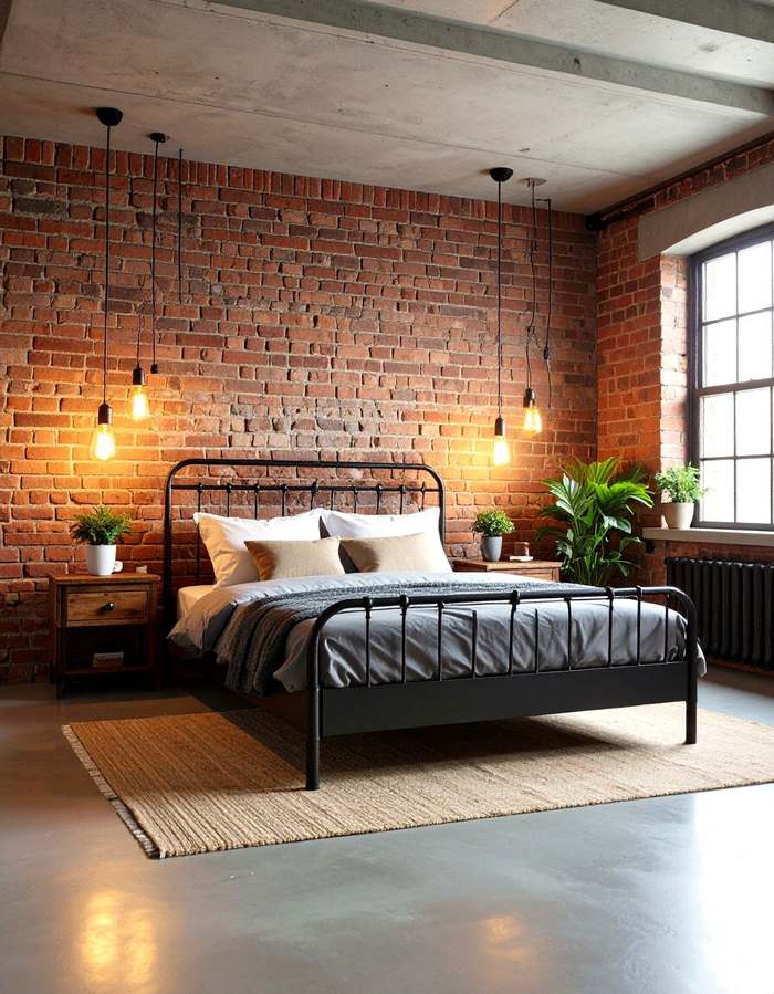 Brick bedroom featuring a black iron bed, jute rug, and concrete flooring.