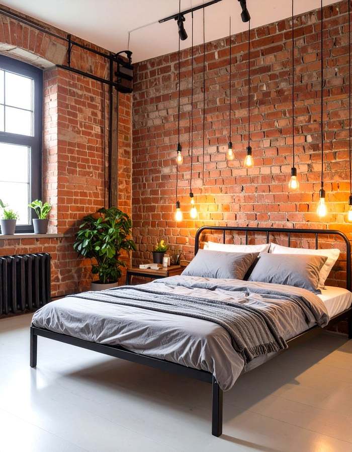 Brick bedroom with grey bedding, hanging Edison lights, and a black radiator.